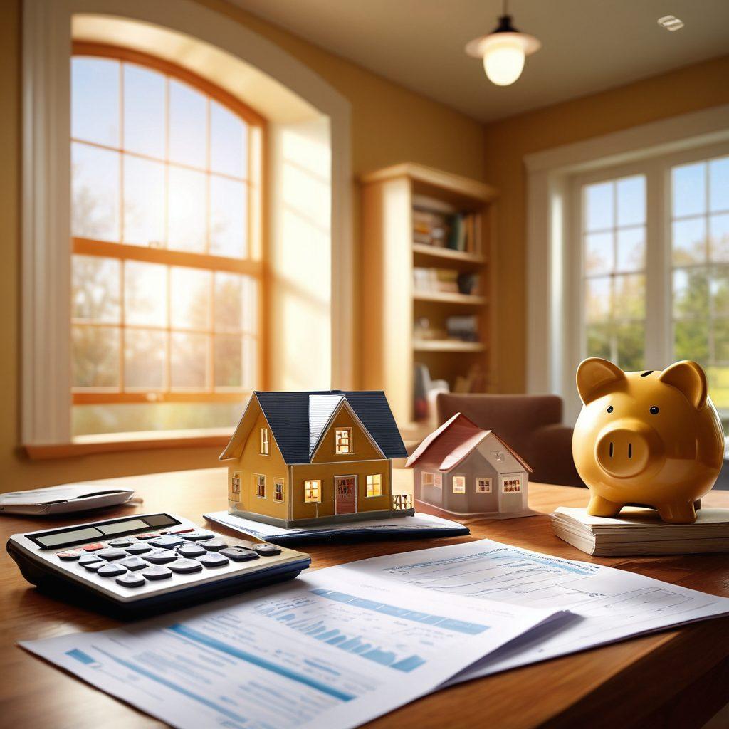 A cozy home interior with a family discussing finances over a table filled with mortgage documents, a laptop displaying a loan calculator, and a chart showing rising home values. Sunlight streaming in through a window gives a warm and inviting atmosphere. Include a subtle background hint of a house and a piggy bank for a financial touch. super-realistic. vibrant colors. welcoming ambiance.