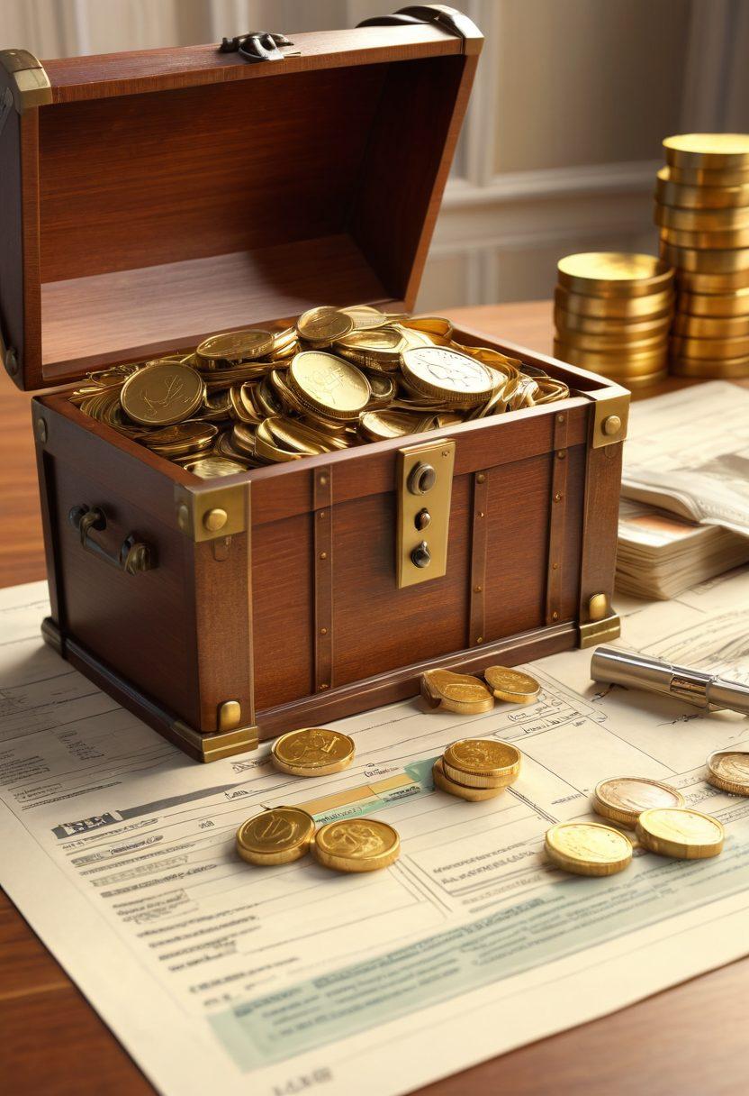 A key unlocking a treasure chest overflowing with gold coins and stacks of money, surrounded by mortgage documents and interest rate charts in the background. The scene should evoke a sense of financial freedom and opportunity. Soft rays of sunlight illuminating the key and treasure, symbolizing hope and success in planning. colorful. 3D. vibrant colors.
