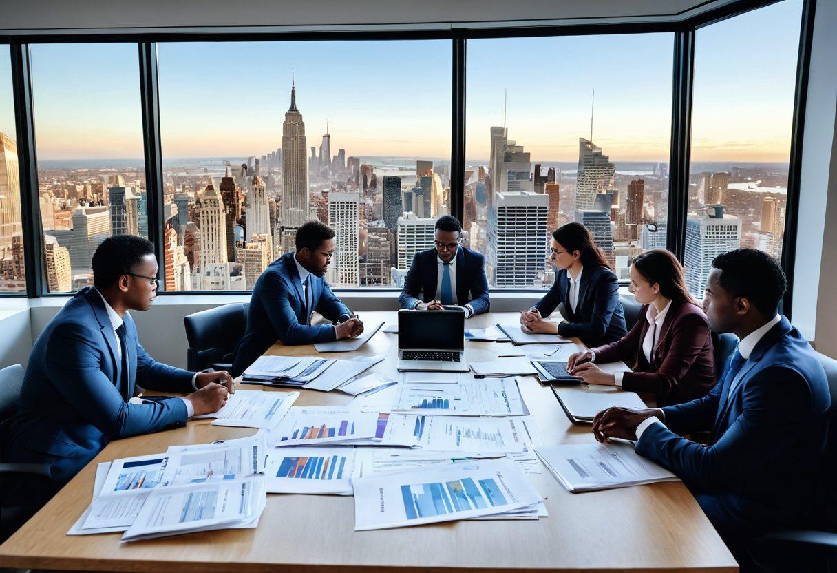 A visually captivating scene of a diverse group of professionals gathered around a large table cluttered with loan documents, calculators, and laptops, deep in discussion about refinancing strategies. In the background, a large window reveals a city skyline, symbolizing growth and opportunity. The atmosphere should be dynamic, with graphical representations of rising equity paths and loan options displayed on screens. super-realistic. vibrant colors. 3D.